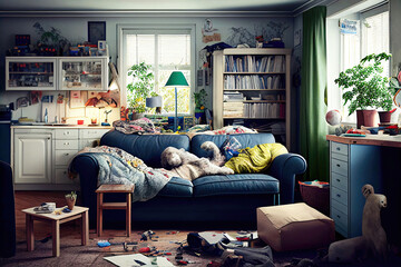 Messy dirty living room with sofa in chaos (Generative AI) - obrazy, fototapety, plakaty