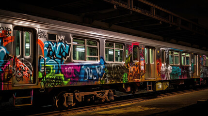 Whole car graffiti on a New York City subway train (Generative AI)