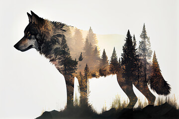 Double exposure of wolf with forest landscape (Generative AI) - obrazy, fototapety, plakaty
