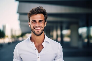 Close-up portrait photography of a grinning boy in his 30s wearing a classy button-up shirt against a modern architecture background. With generative AI technology