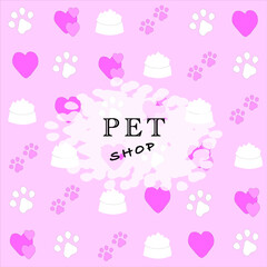 Pet shop vector seamless pattern with icons of food bowl, animal paw, heart. Pink white background for pet shop, veterinary clinic, pet store, zoo, shelter
