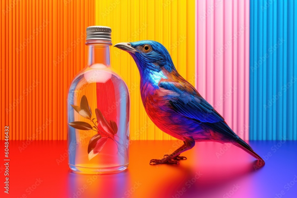 Poster a colorful bird standing next to a bottle of liquid. generative ai image.