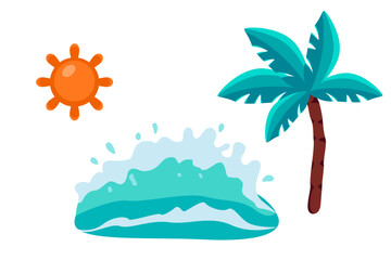 Fototapeta premium Colorful illustrations of summer objects, conveying the essence of vacation at sea, bright warm sun, sea waves, palm tree , vector 