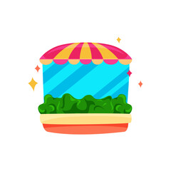 Illustration of cartoon colorful storefront with flowers and canopy store