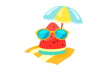 Funny sunglasses watermelon under a beach umbrella and on a towel, refreshing watermelon slices, summer illustration