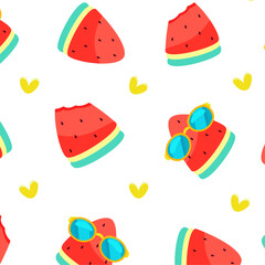 Pattern associated with summer, refreshing watermelon slices, funny watermelon in sunglasses 