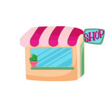 Cute store illustration, cartoon colorful store, store for different goods with decorative elements - plants, canopies or showcases  