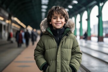 Full-length portrait photography of a grinning kid male wearing a cozy winter coat against a train station background. With generative AI technology