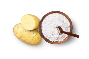 Potato starch (ground potato) in wooden bowl and fresh potatoes with slice isolated on white...