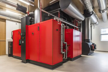 biomass boiler heating a modern office with sleek design and minimalist aesthetics, created with generative ai - obrazy, fototapety, plakaty