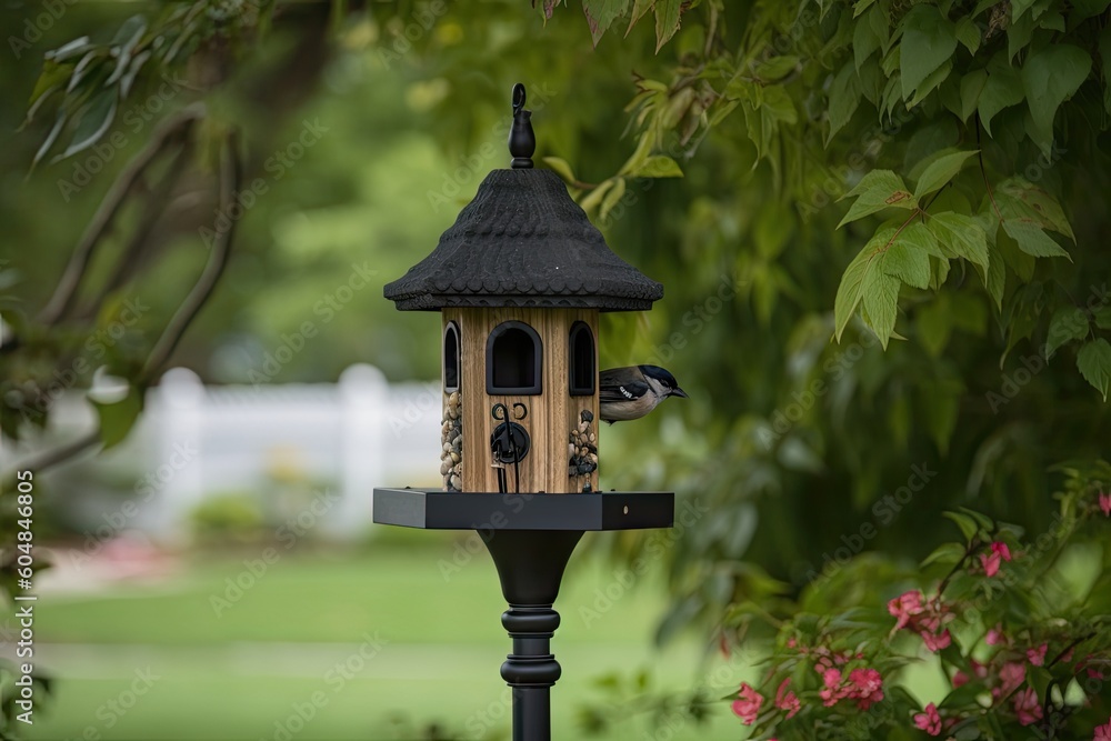 Sticker traditional birdhouse with matching feeder on classic black pole, created with generative ai