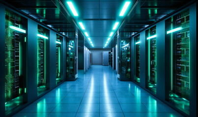 Data center servers room storage systems. Generic cloud storage concept illustration. Created with Generative AI technology.