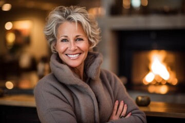 Fototapeta na wymiar Medium shot portrait photography of a grinning mature woman wearing a cozy winter coat against a cozy fireplace background. With generative AI technology