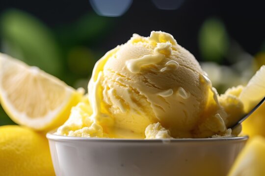 fresh lemon ice cream close up view, ai tools generated image