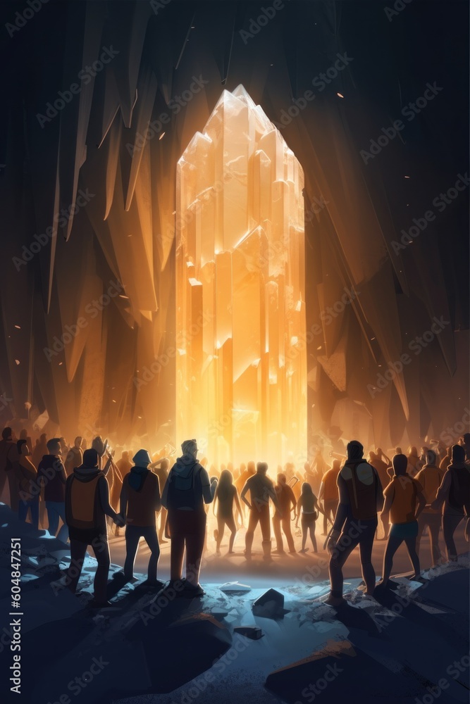 Poster a group of people standing in front of a cave. generative ai image.