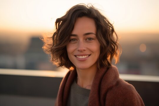 Close-up portrait photography of a grinning girl in her 30s wearing a cozy sweater against a futuristic cityscape background. With generative AI technology