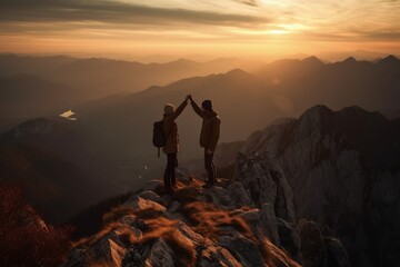 Silhouette of couple standing on the top of mountain and looking at sunrise, high five on the top of a mountain. generative AI