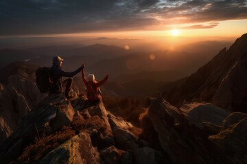 Two Hikers, a couple on top of a mountain reaches for the sun at sunset. conceptual image, winnig, generative AI