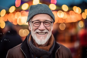 Lifestyle portrait photography of a satisfied mature man wearing a warm beanie or knit hat against a carnival background. With generative AI technology