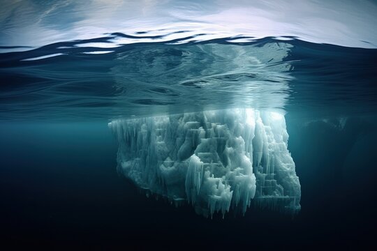underwater part of a big Iceberg in the ocean. Global warming concept. generative AI