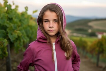 Photography in the style of pensive portraiture of a glad kid female wearing a comfortable tracksuit against a vineyard background. With generative AI technology