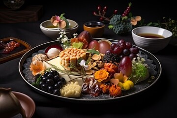 Obraz na płótnie Canvas view of plate with a variety of different foods items, each presented in its own unique way, created with generative ai