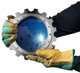 
Manual worker with protective work gloves holding a metallic cogwheel (gear) with a solar panel inside, isolated on white or transparent background, photography and 3d illustration. Png.