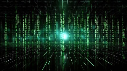 Schwarz grüner abstrakter Matrix Hintergrund mit neongrünen Zeilen aus Daten, Cyberspace, futuristischer Hintergrund, Generative AI