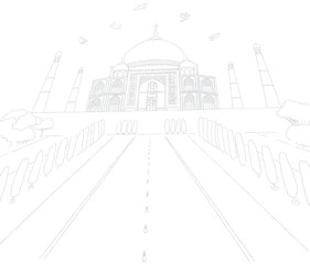 Hand drawn sketch of Taj Mahal in low angle view with pool in front and trees next to it, 5 pigeons flying in the sky, vector illustration