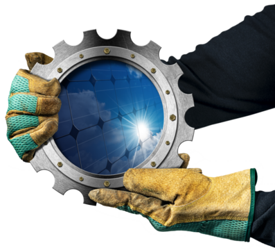 
Manual worker with protective work gloves holding a metallic cogwheel (gear) with a solar panel inside, isolated on white or transparent background, photography and 3d illustration. Png.