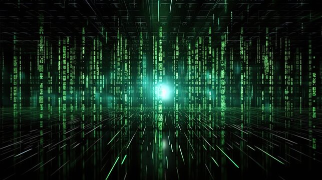Schwarz gr&uuml;ner abstrakter Matrix Hintergrund mit neongr&uuml;nen Zeilen aus Daten, Cyberspace, futuristischer Hintergrund, Generative AI