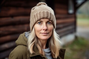 Environmental portrait photography of a glad mature woman wearing a warm beanie or knit hat against a rustic farmhouse background. With generative AI technology
