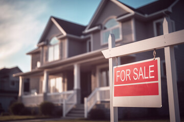 Fototapeta premium For Sale sign in front of blurry residential home building. Generative AI illustration