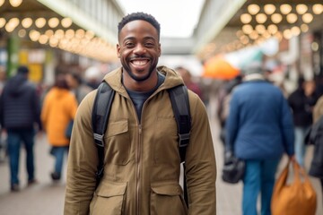 Lifestyle portrait photography of a happy boy in his 30s wearing a chic jumpsuit against a bustling marketplace background. With generative AI technology
