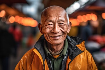 Close-up portrait photography of a grinning old man wearing a lightweight windbreaker against a bustling marketplace background. With generative AI technology