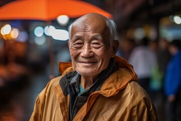Close-up portrait photography of a grinning old man wearing a lightweight windbreaker against a bustling marketplace background. With generative AI technology