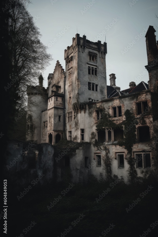 Poster an old castle with a clock tower on top of it. generative ai image.