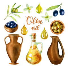 Hand drawn watercolor set with black and green olives, oil, flowers isolated on a white background.