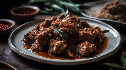 Photo of rendang curry, a traditional Indonesian food ,generative ai