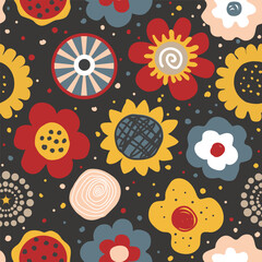 Cute hand drawn flowers seamless pattern on dark background in Scandinavian style. Design for textile, greetings, wallpapers, wrapping paper, card, banner. Vector illustration.