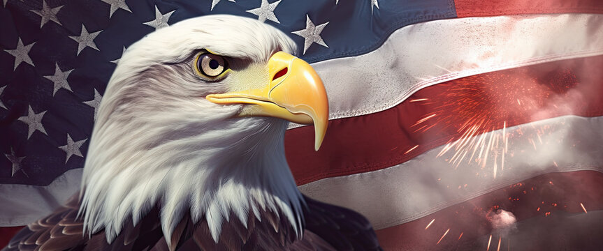 4th of July poster with USA flag and eagle with copy space - Generative AI