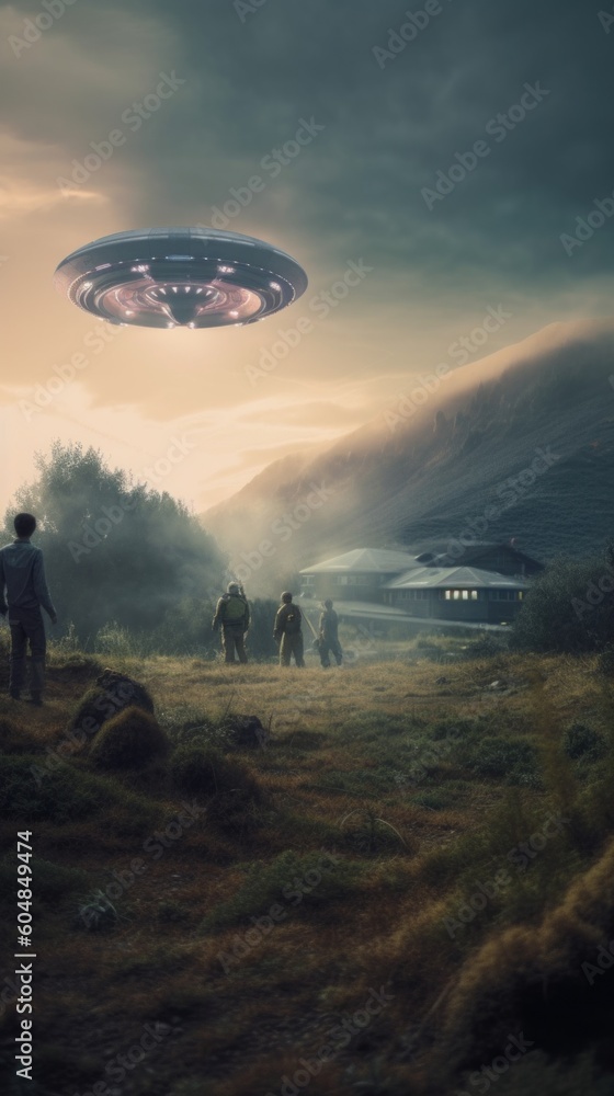 Poster a group of people standing in a field under a flying saucer. generative ai image.