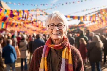 Obraz premium Medium shot portrait photography of a glad mature woman wearing a chic cardigan against a vibrant festival background. With generative AI technology