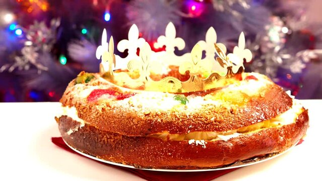 Roscon de Reyes, a typical Spanish Epiphany dessert filled with cream. King's crown on background of garland.