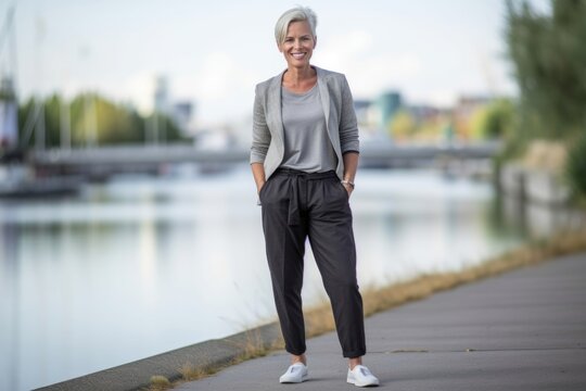 Lifestyle portrait photography of a glad mature woman wearing a smart pair of trousers against a riverfront background. With generative AI technology