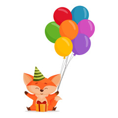 Obraz na płótnie Canvas Cute happy cartoon fox with balloons, gift box and party hat. Isolated on white background vector illustration