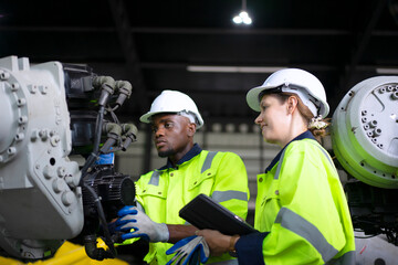 Obraz premium Engineer work at robotic arm factory.