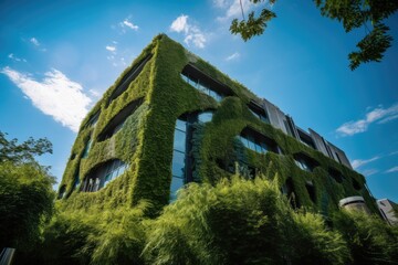 green building, surrounded by lush greenery, with a glimpse of the blue sky above, created with generative ai