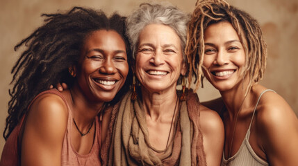 Three multicultural senior women radiate joy as they pose together in a studio setting. Generative AI