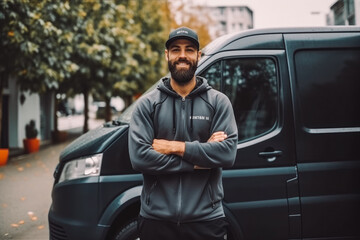Delivery man standing in front of his van. Delivery man smiling and posing in front of delivery truck. Generative AI